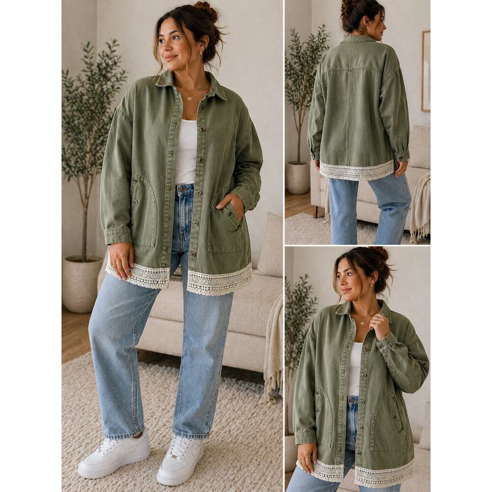 Zara Olive Utility Jacket Lace Trim Oversized Button Up Boho S